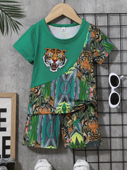 Boys Tiger Graphic T shirt & Shorts Set for Summer