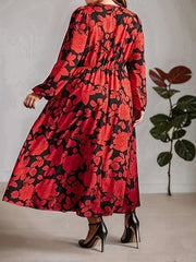 Casual Dress Women's Plus Floral Print Long Sleeve V Neck