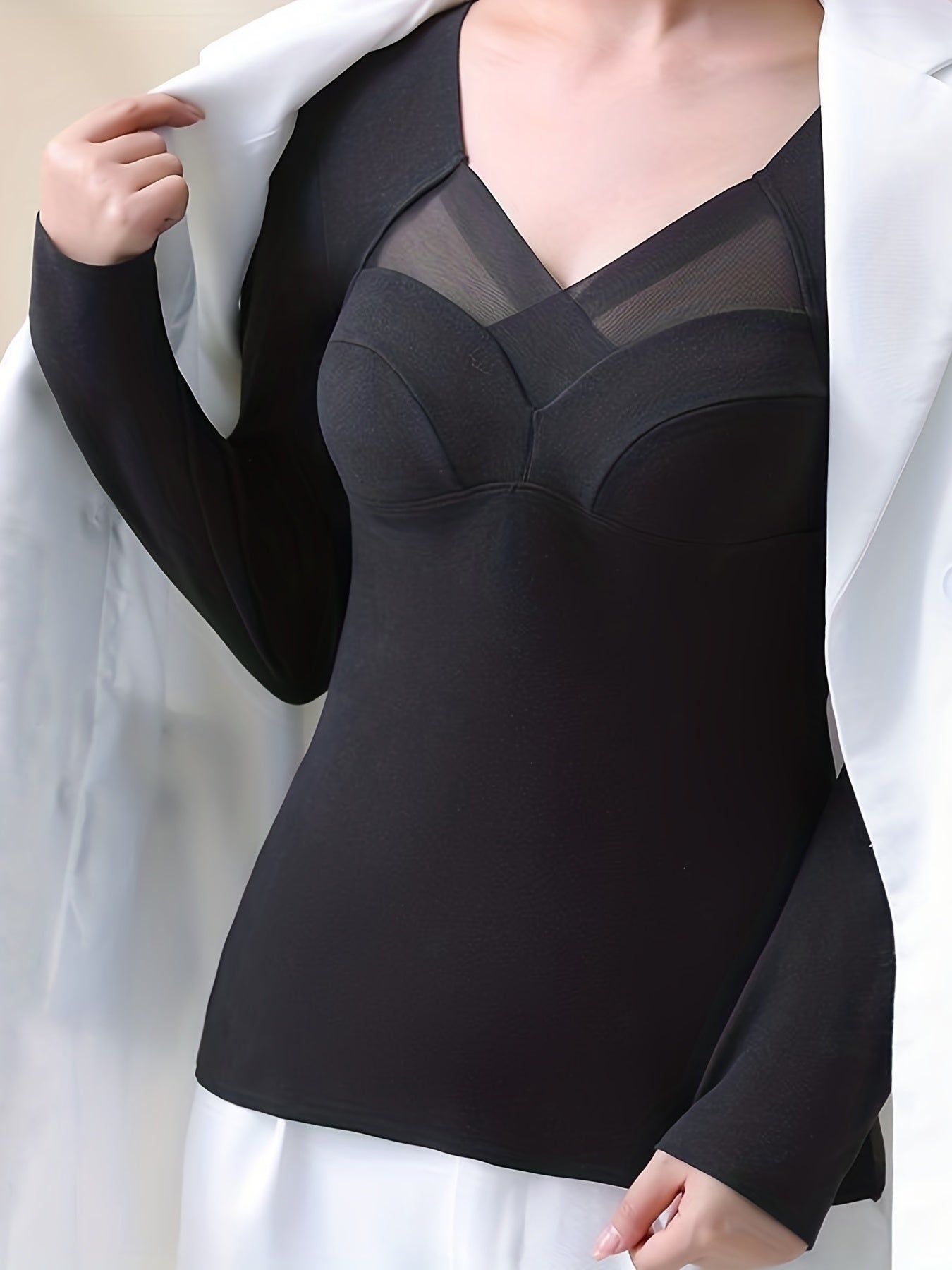 Mesh Stitching Thermal Long Sleeve Top Women's Lingerie