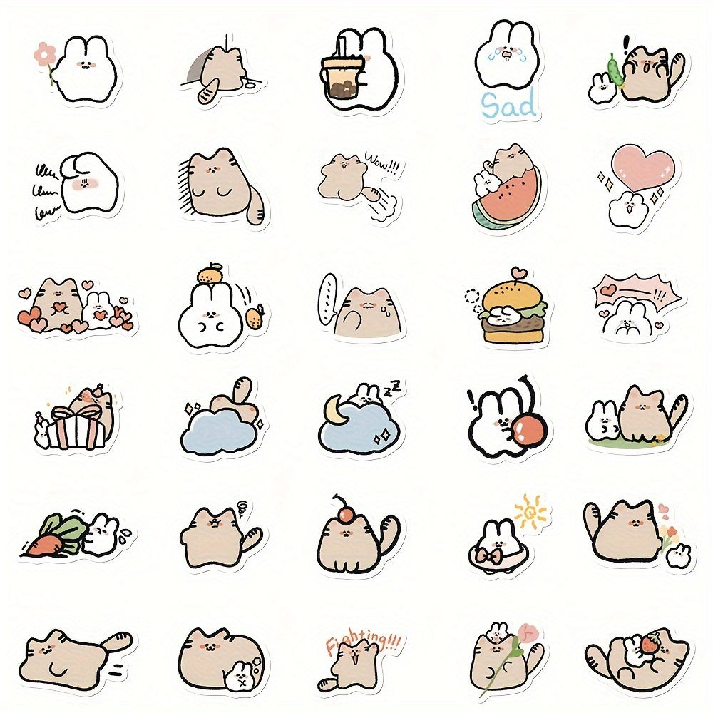 60pcs Cute Bunny Kitten Waterproof Sticker Pack for Laptop Water Cup Decoration