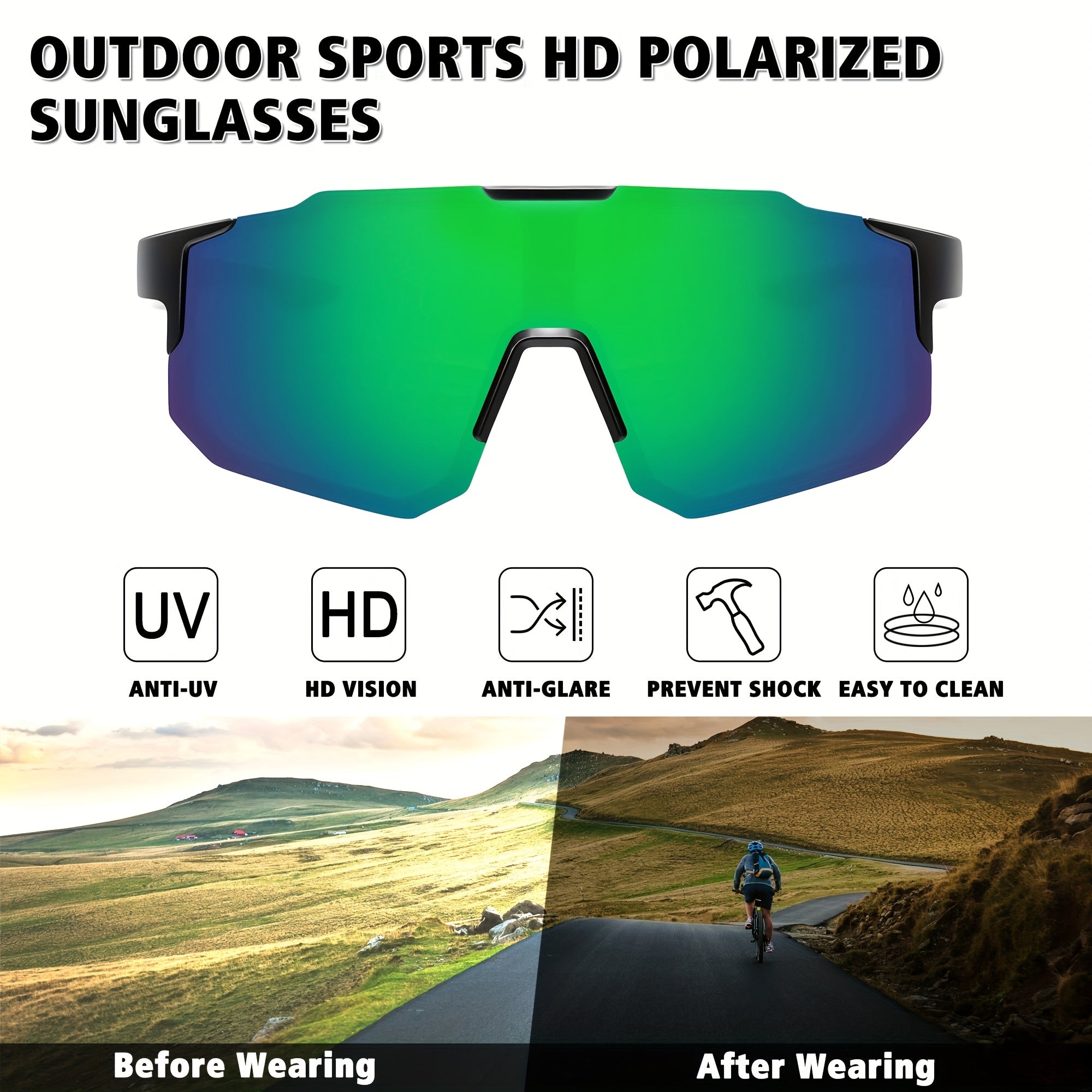 Men's Polarized Square Sunglasses Green Lens UV 400 Protection