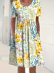 Floral Print Short Sleeve Ruched Dress With Pockets