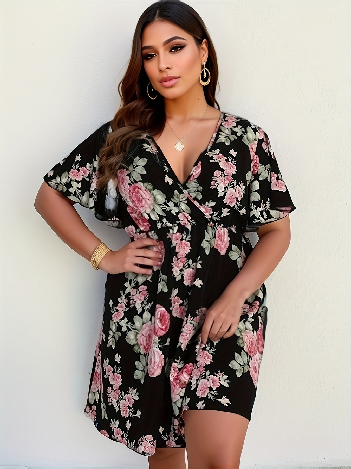 Floral Print Dress Flutter Sleeve Stretchy Casual D