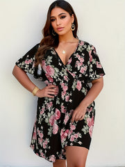Floral Print Dress Flutter Sleeve Stretchy Casual D