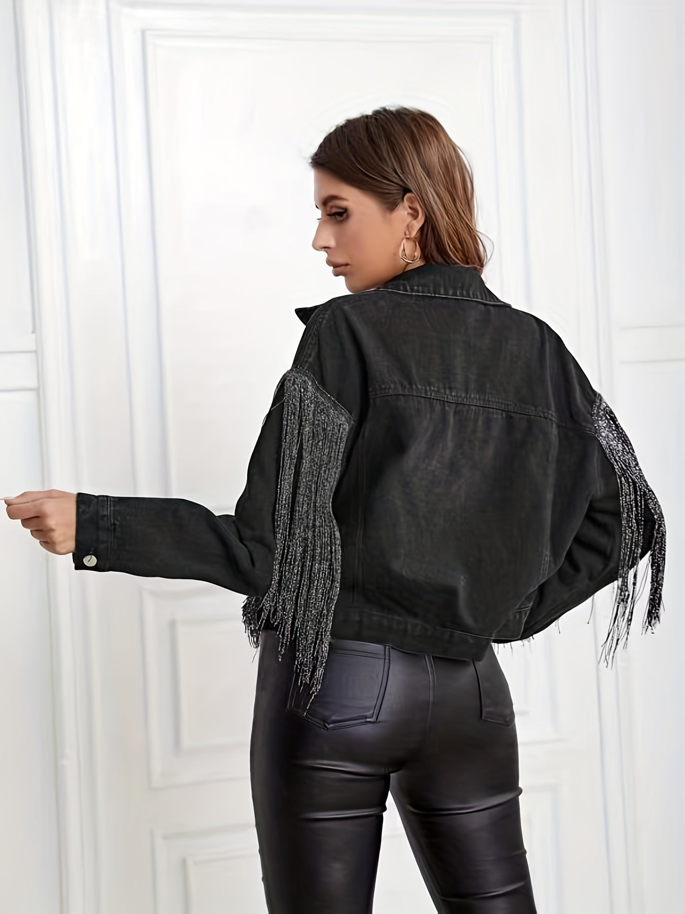 Fringe Decor Denim Jacket Long Sleeve Coat Women's Clothing