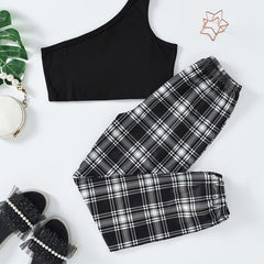 Girls Cold Shoulder Tank Top and Plaid Pants Set