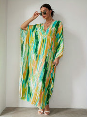 Boho Tie Dye Beach Cover Up Batwing Sleeves V Neck Split Loose Fit