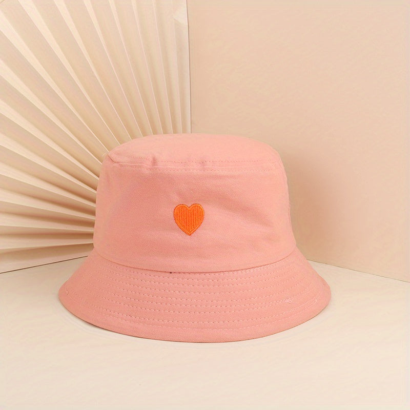 Peach Heart Embroidery Bucket Hat UV Protection Cotton Cloche