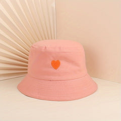 Peach Heart Embroidery Bucket Hat UV Protection Cotton Cloche
