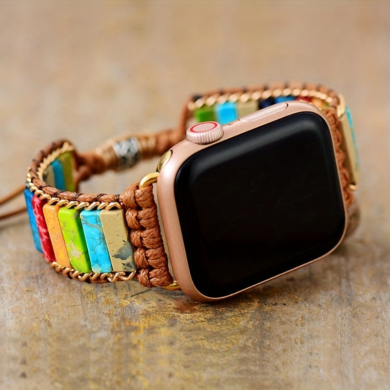 Colorful Beaded Watch Strap, Bohemian Woven Chain, Golden Flat Knot