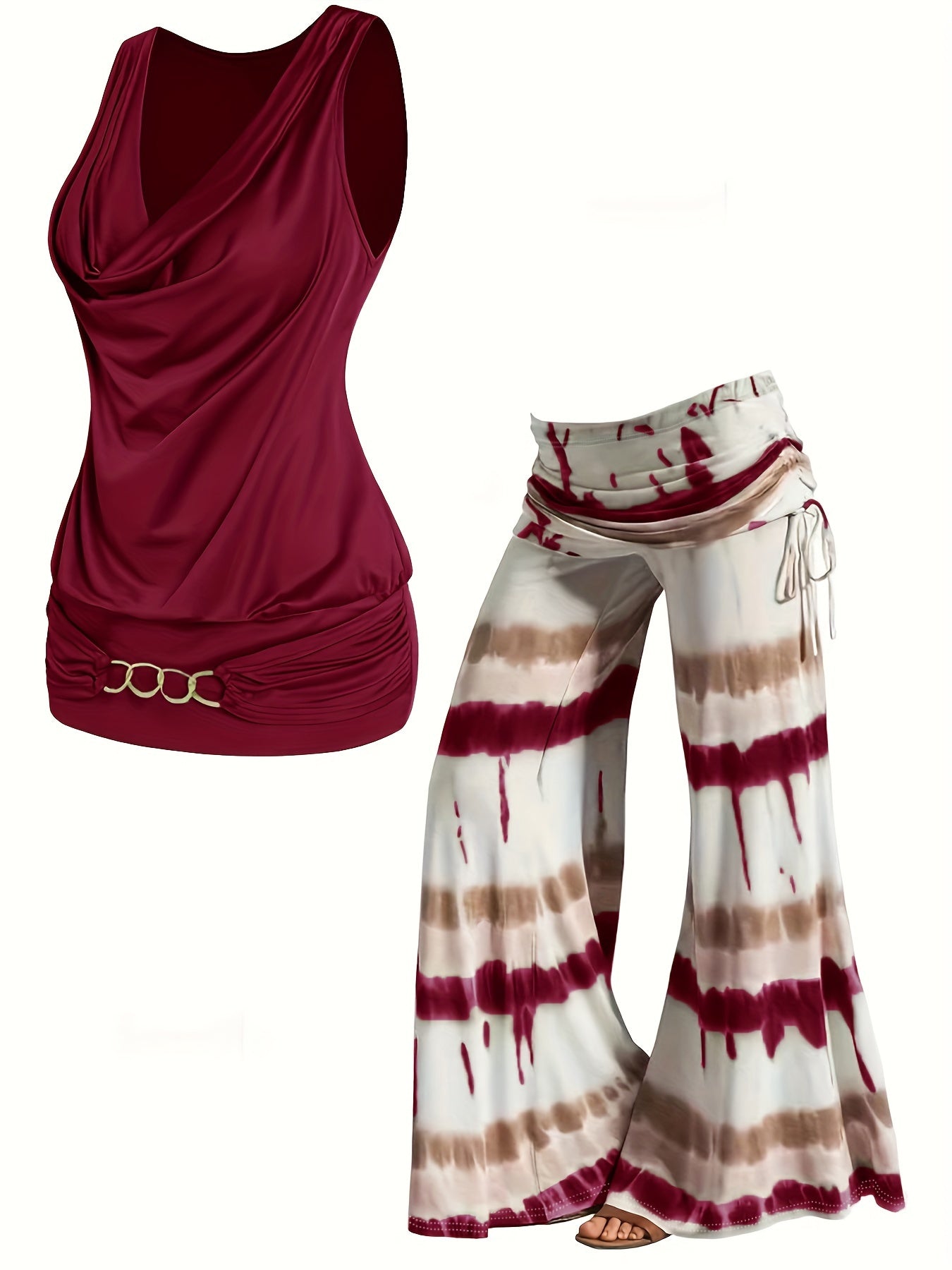Chain Decor Tank Top & Side Tie Wide Leg Pants Set