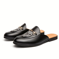 Leopard Embroidered Flat Mules with Metal Buckle, Anti-skid Slides Shoes