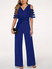 V Neck Off Shoulder Short Sleeve Knitted Jumpsuit