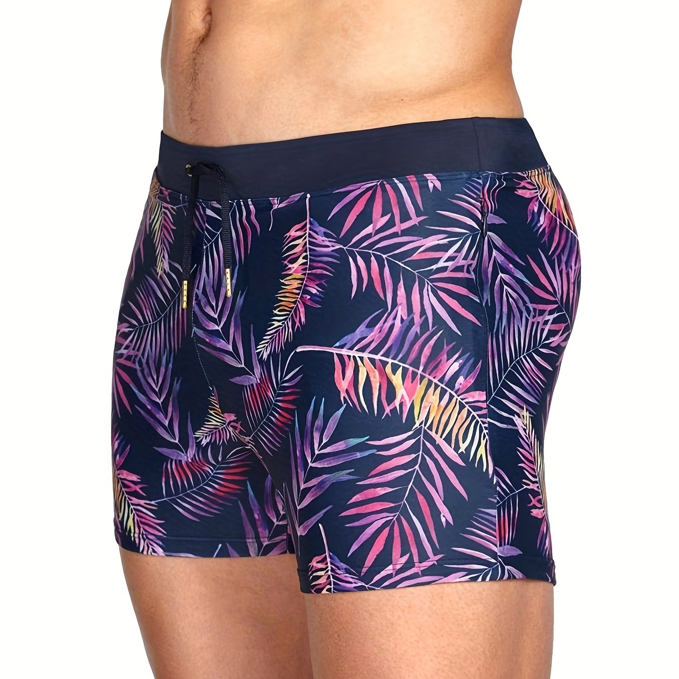 Leaves Print Quick drying Drawstring Men's Swim Trunks