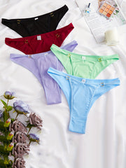 5 Pack Plus Size Panties Set Solid Ribbed Knit Heart Ring Linked Hi