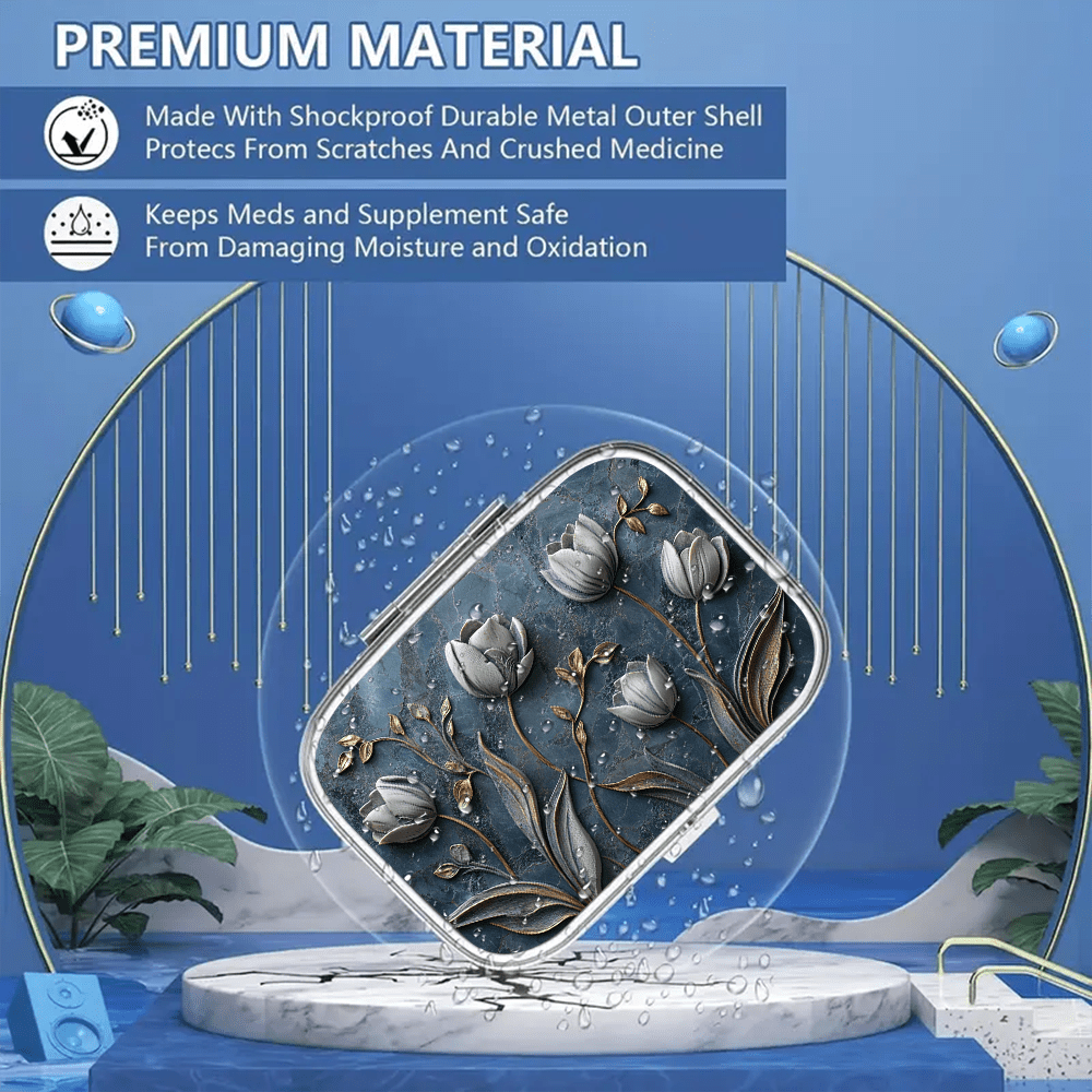 Floral 2D Relief Iron Pill Box 3 Compartment Portable Medication Organizer