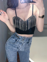 Rhinestone Tassel Crop Top Sexy V Neck Spaghetti Strap Cami