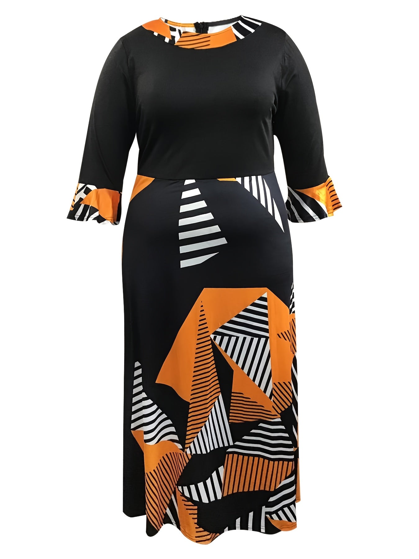 Colorblock Geometric Print Bell Sleeve Maxi Dress