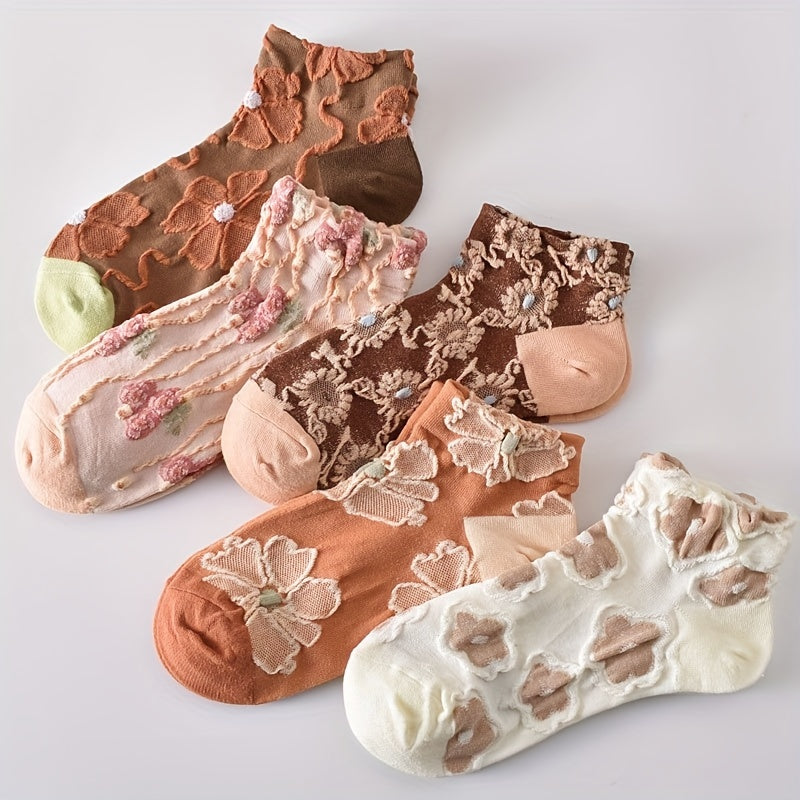 5 Pairs Flower Embossed Short Socks Colorblock Ankle Stockings Women's Hosiery