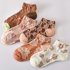 5 Pairs Flower Embossed Short Socks Colorblock Ankle Stockings Women's Hosiery