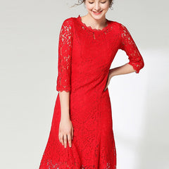 Lace Solid Dress 3/4 Sleeve Crew Neck Dress Women's Clothing