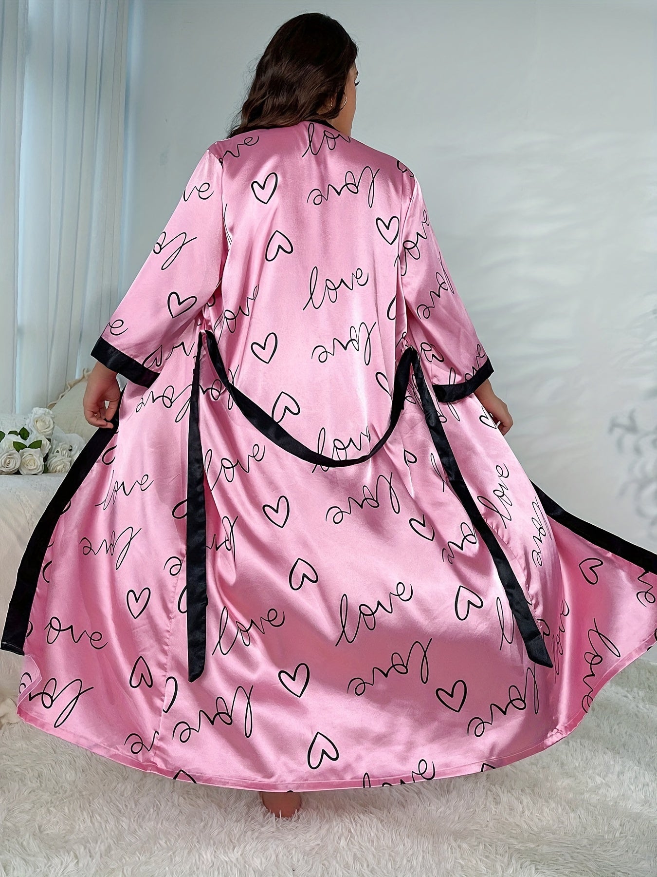 Nightgown Satin Heart & Letter Print Belted Robe