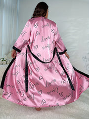 Nightgown Satin Heart & Letter Print Belted Robe