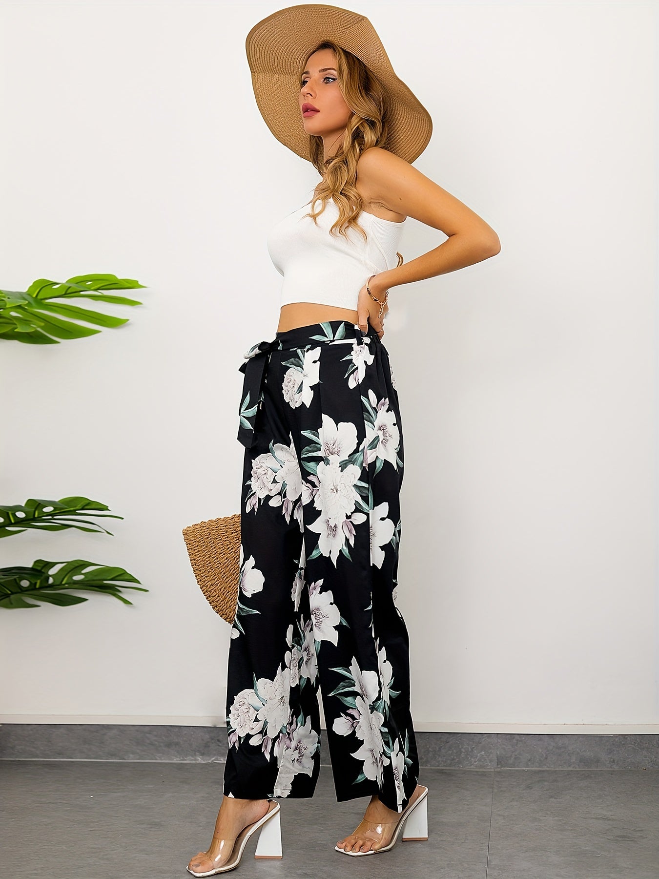 Floral Print Wide Leg Pants with Tie Waist