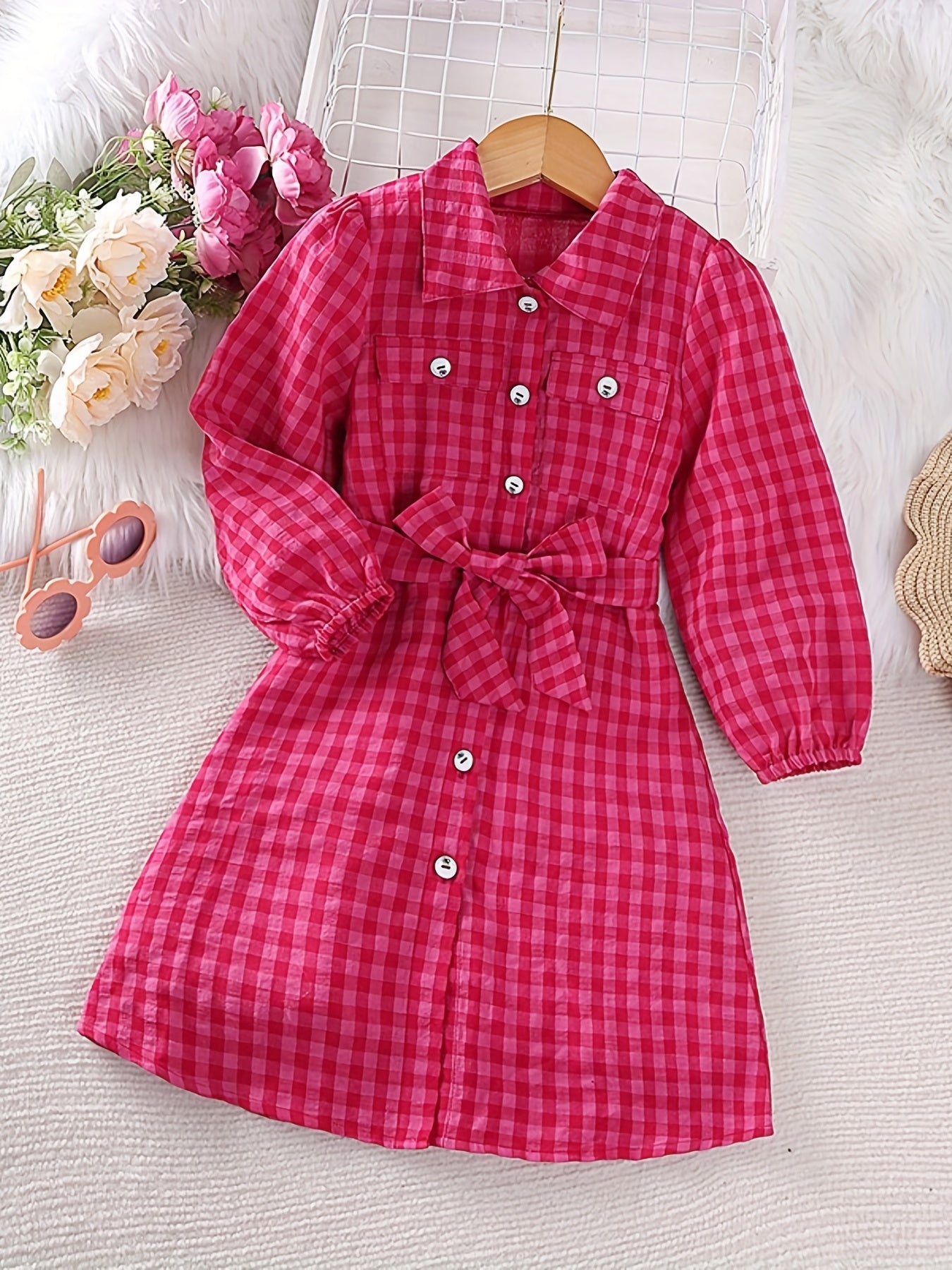 Vibrant Plaid Collar Casual Tunic Shirt Dress