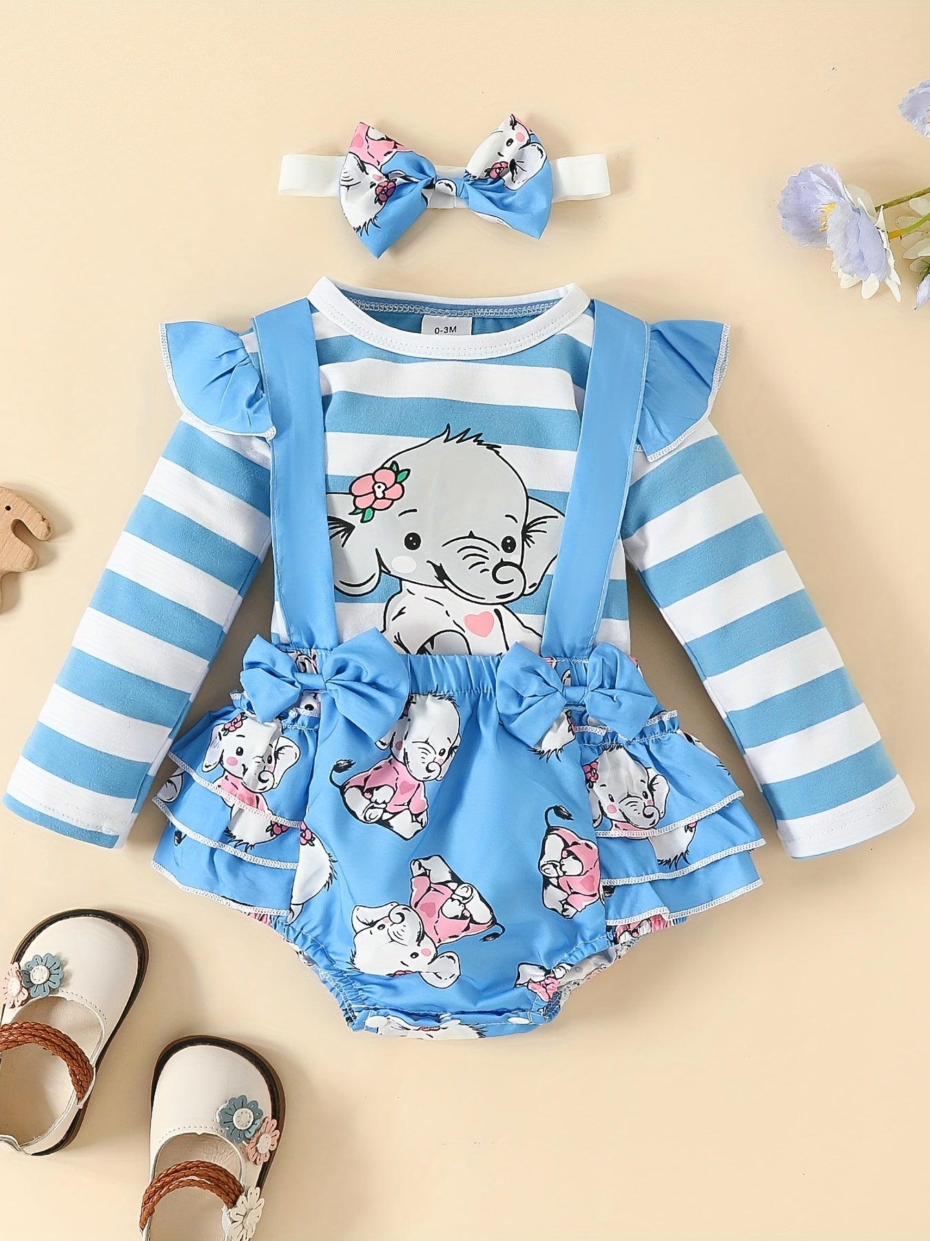 2pcs Baby Girls Lace Sleeves Elephant Top And Skirt Suit