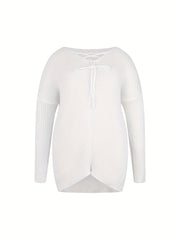 Women's Ribbed Pullover Sweater with Lace Up Drawstring