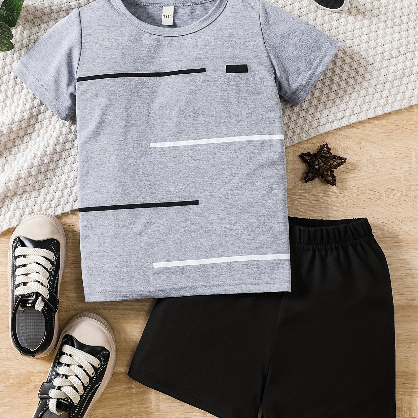 Boys Stripes Print Casual Outfit T shirt & Shorts Kids Summer Clothes Sets