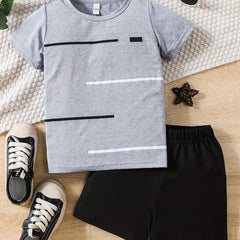 Boys Stripes Print Casual Outfit T shirt & Shorts Kids Summer Clothes Sets