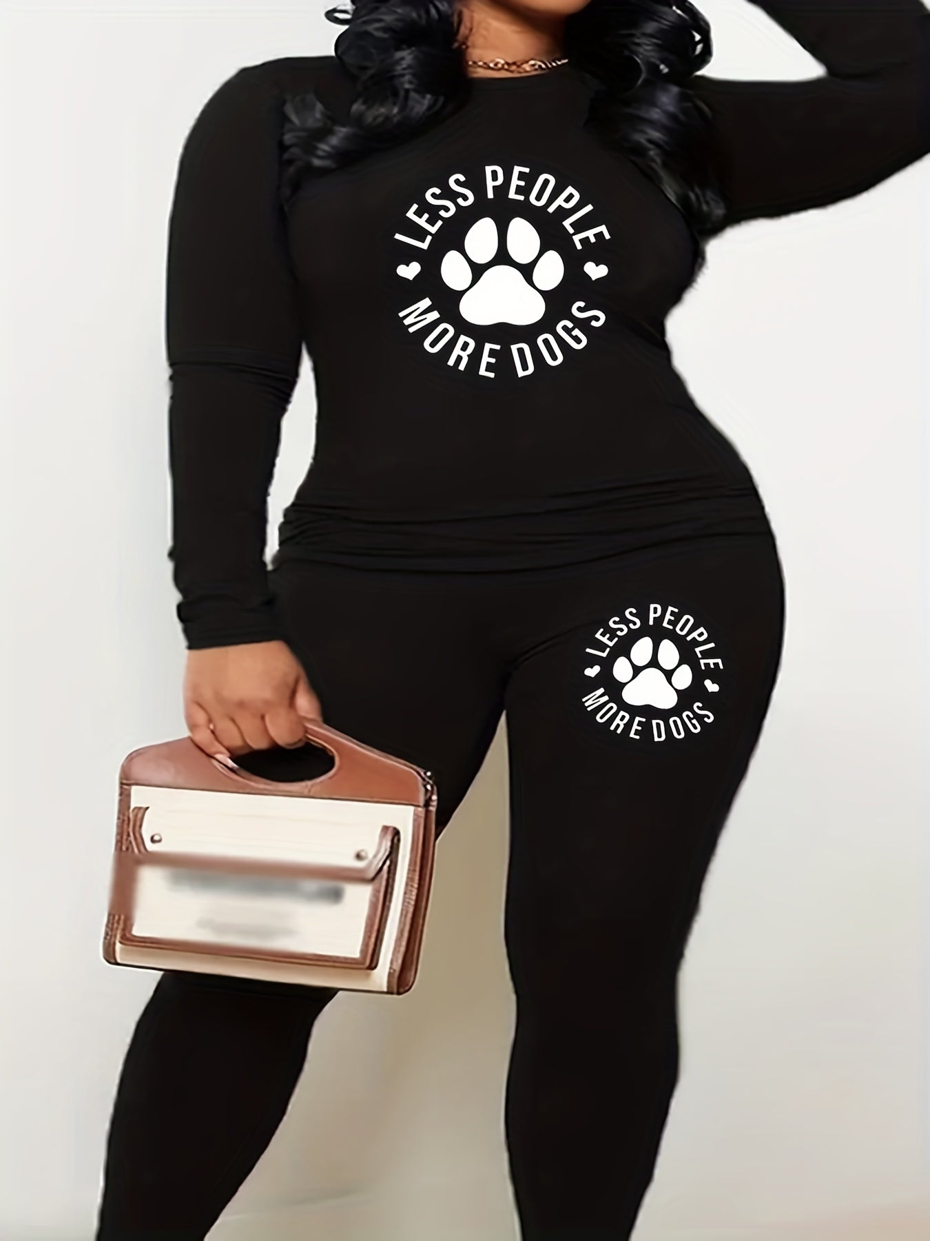 Women's Paw & Slogan Print Top & Leggings Two Piece Set