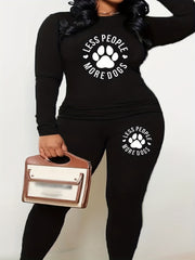 Women's Paw & Slogan Print Top & Leggings Two Piece Set