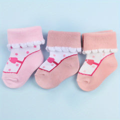 3 Pairs Baby Girls Princess Bow Dot Pattern Lace Crew Socks