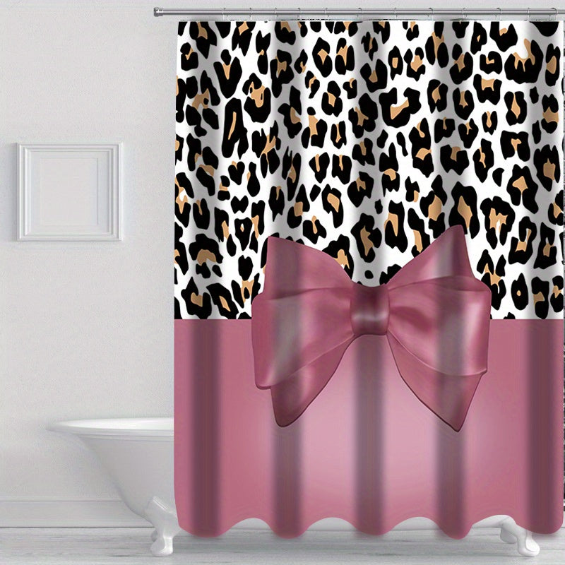 Leopard Bow Shower Curtain Set with Non Slip Bathroom Rug