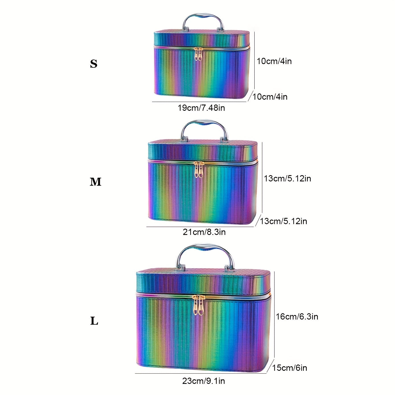 3pcs Striped Makeup Travel Case Cosmetic Organizer Bag With Handle & Mirror