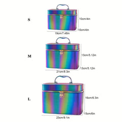 3pcs Striped Makeup Travel Case Cosmetic Organizer Bag With Handle & Mirror