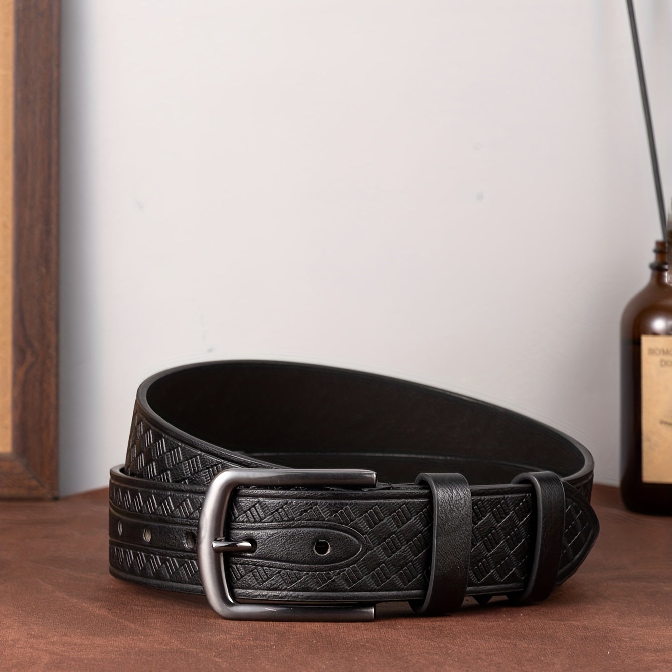 Men's Diamond Pattern Dress Belt Alloy Buckle PU Uniform Accessories