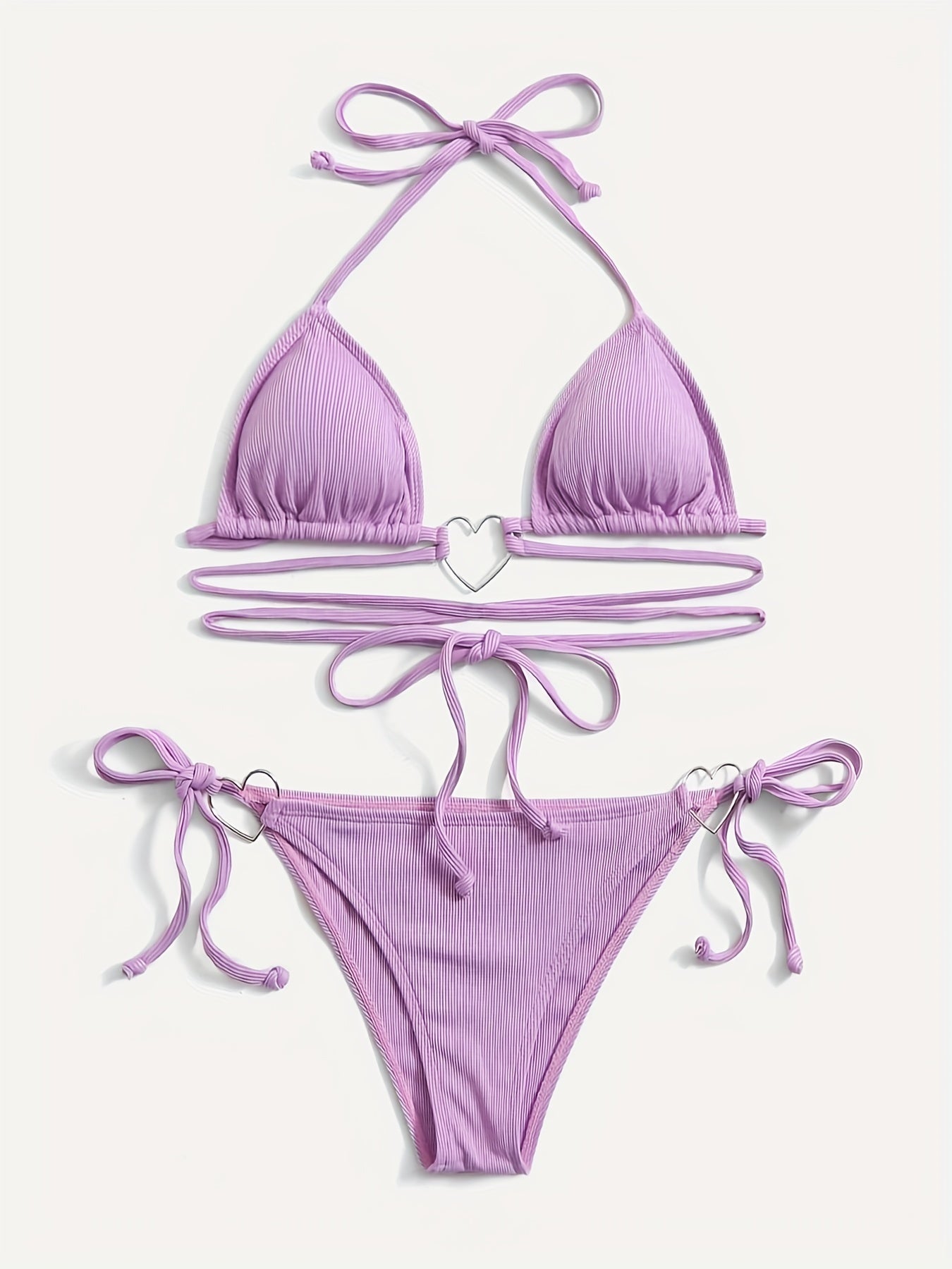 Heart Linked Halter Neck Rib Knit Bikini Set
