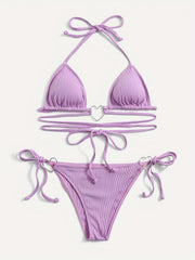 Heart Linked Halter Neck Rib Knit Bikini Set