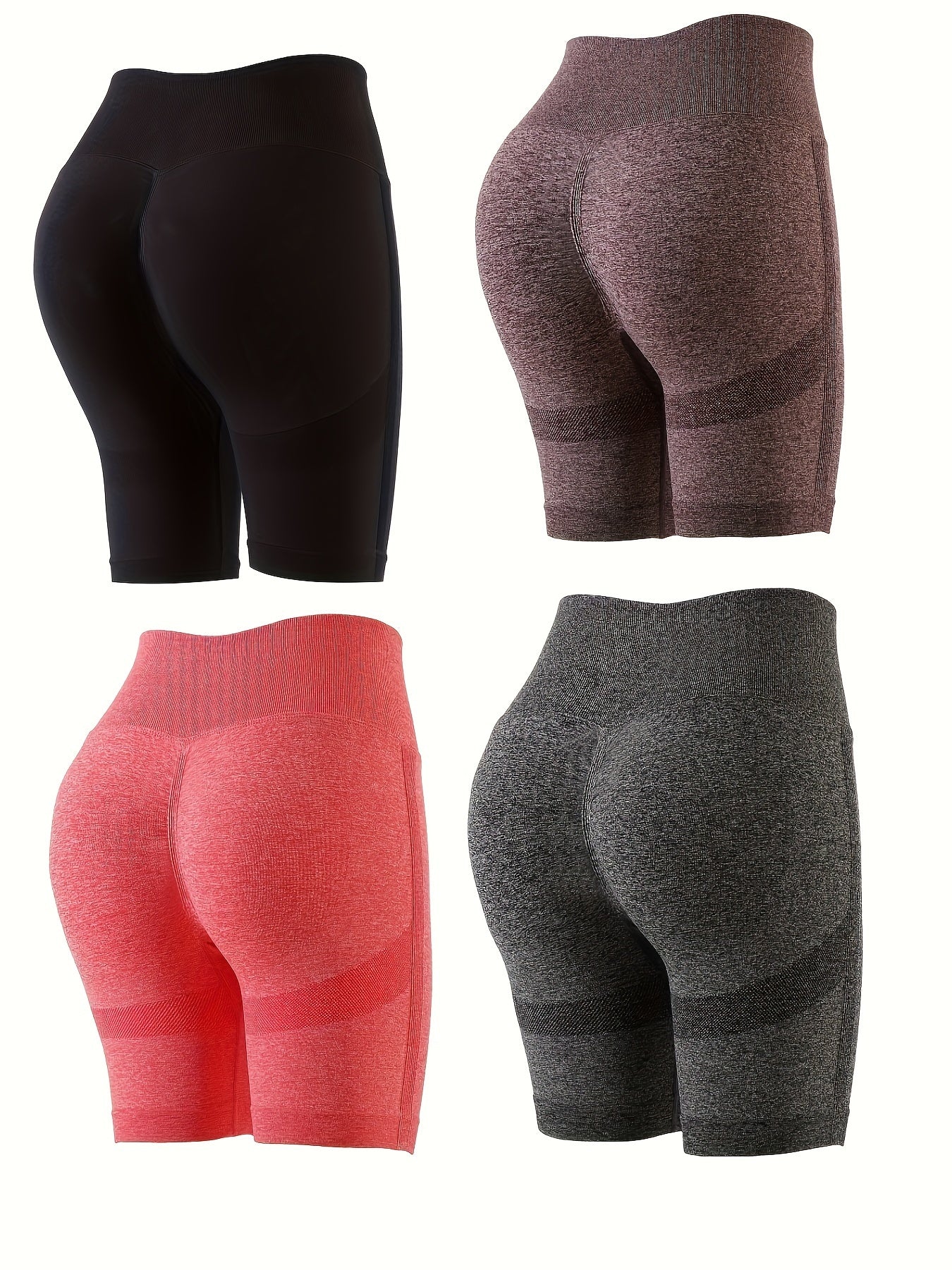 4pcs Seamless Solid Butt Lifting Sports Shorts High Waist Yoga Running Shorts