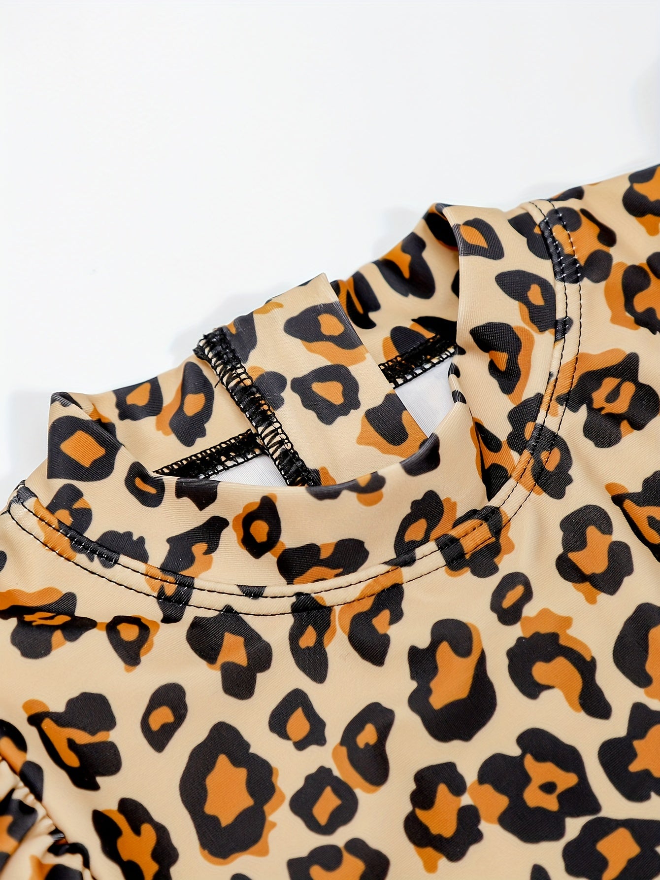 Leopard Print Flutter Trim Long Sleeve 1 piece Swimsuit Girls