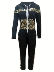 Leopard Print Casual Two piece Set Hooded Tops & Long Length S