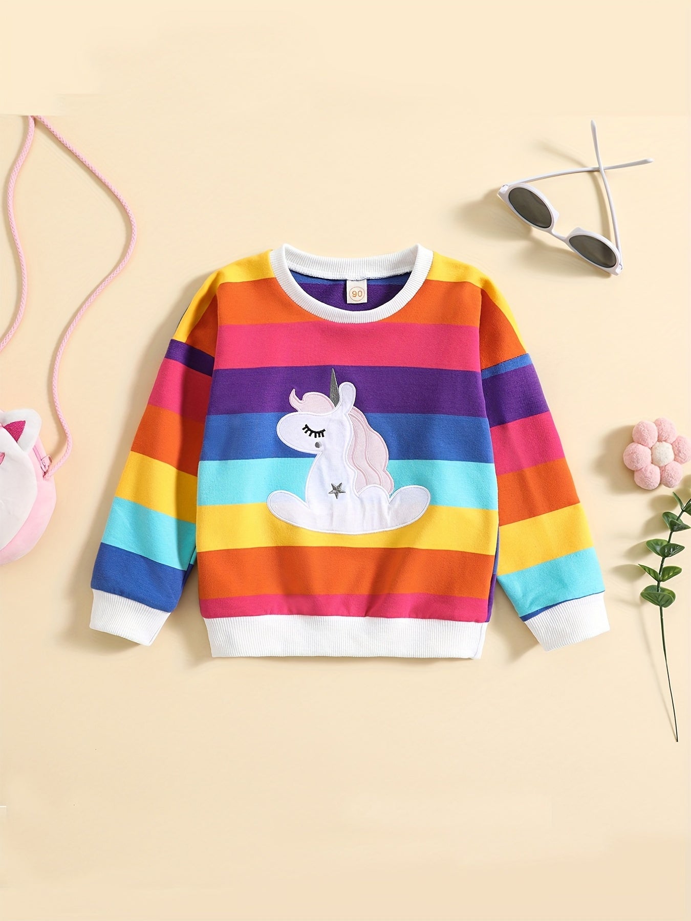 Baby Girls Pullover Rainbow Striped Unicorn Embroidered Sweatshirt