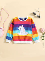 Baby Girls Pullover Rainbow Striped Unicorn Embroidered Sweatshirt