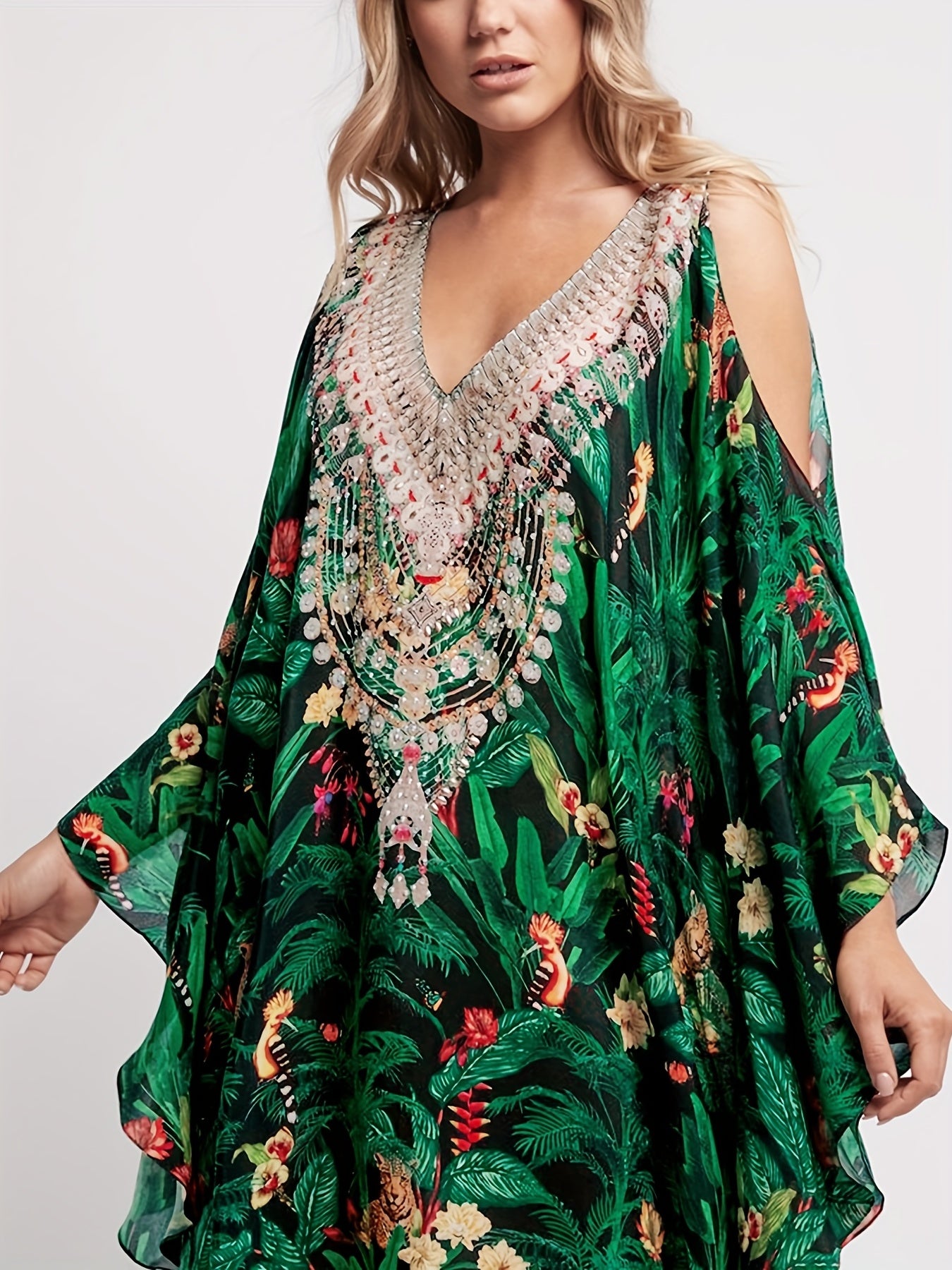 Tropical Leaf Print Cold Shoulder Cover Up Kaftan Batwing Sleeve Beach Kimono