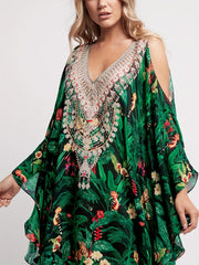 Tropical Leaf Print Cold Shoulder Cover Up Kaftan Batwing Sleeve Beach Kimono