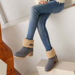 Women's Plush Lined Ankle Boots Thermal Round Toe Chunky Heeled Boots